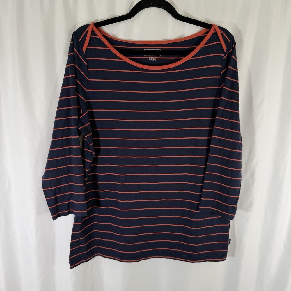 LL Bean Blouse Women's Large Blue Red Striped Round Neck 3/4 Sleeve Cotton